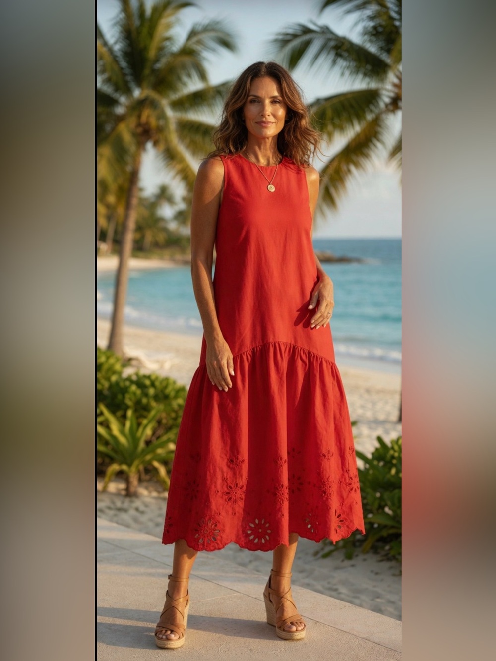 🦞 Super Cute!! Reminiscence Bright Red Sleeveless Eyelet Tiered Midi Dress